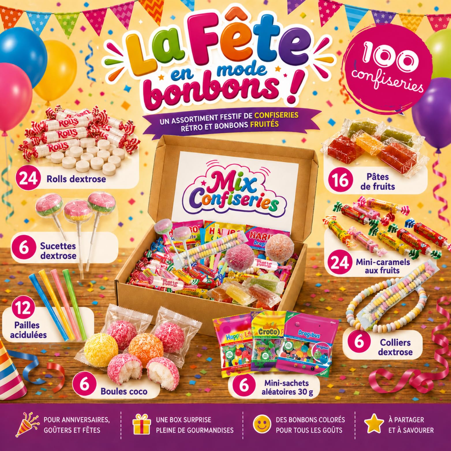 Mix Confiseries 100 Pièces - Bonbons, Pâtes de Fruits, Boules Coco, Caramel