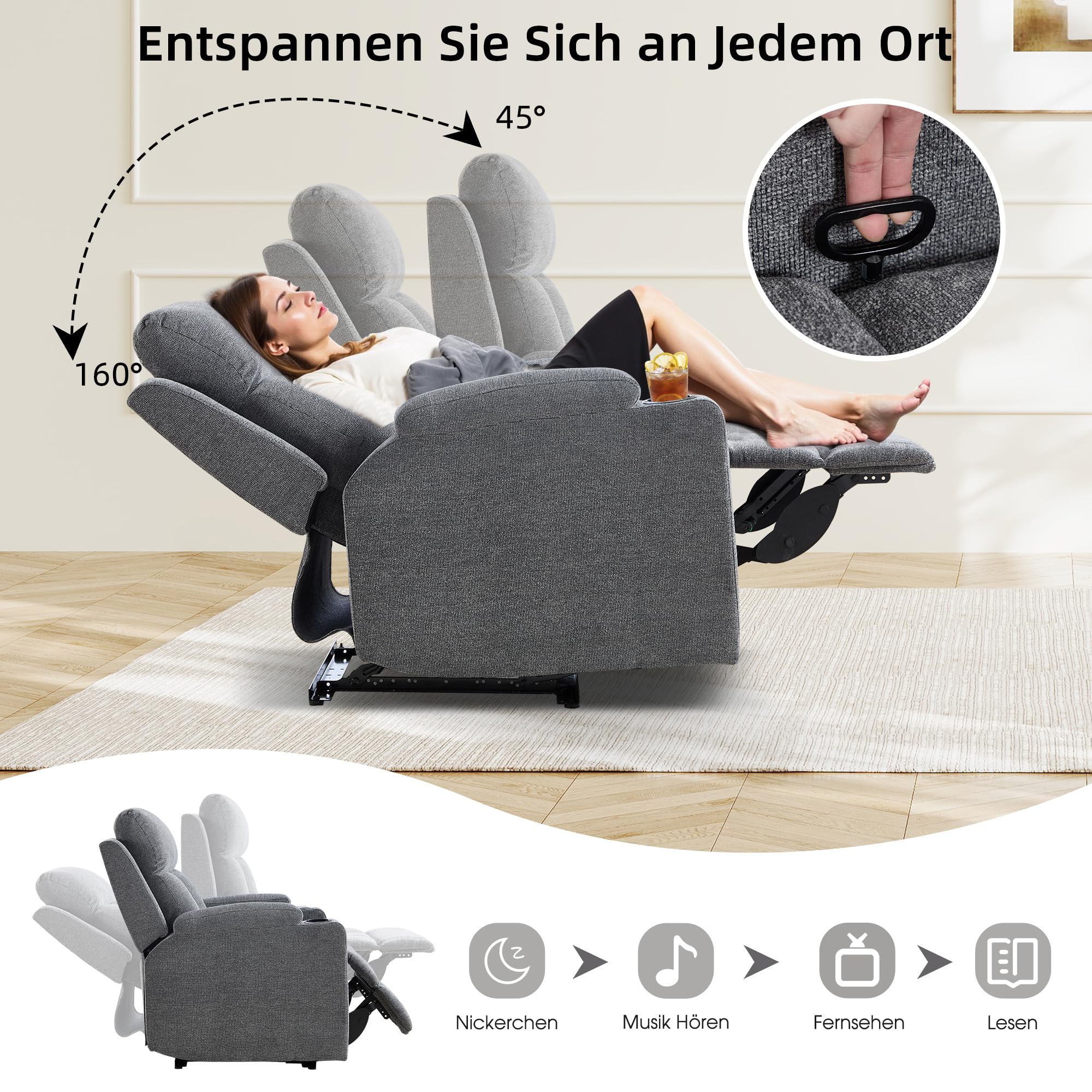EBELLO Fernsehsessel mit Liegefunktion, Relaxsessel Manuell Verstellbar,TV-Sessel mit Getränkehalter und Weiche Kopfstütze, Schlafsessel mit Armlehnen und Fußstütze für Wohnzimmer, Dunkelgrau