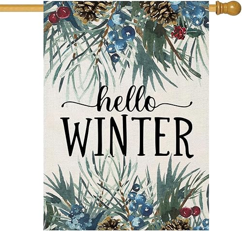 Miniatura 9 de EKOREST Banderas verticales de jardín de 12 x 18 pulgadas con texto en inglés Hello Winter de doble cara, ramitas de pino para exteriores,