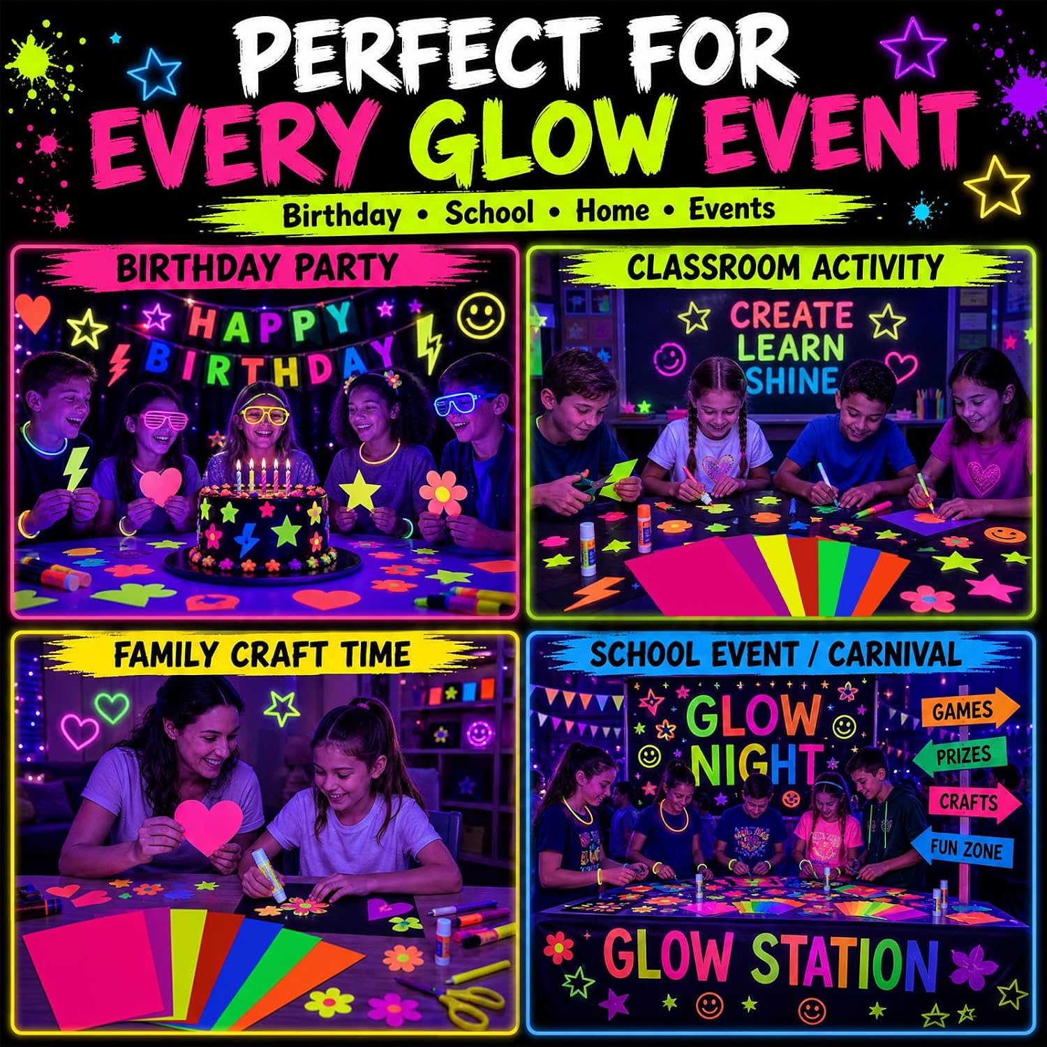 Mega-L Glow in The Dark Party Supplies, 28 Pcs Neon Paper Cardstock, 250GSM