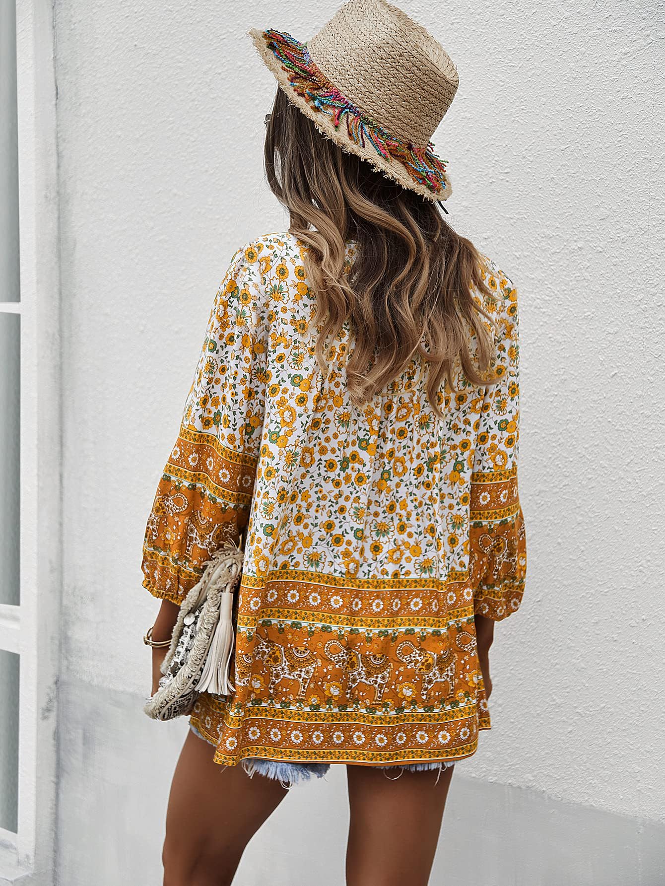 Bluzka damska, elegancka, luźna, w stylu boho, dekolt w serek, wzór kwiatowy, luźna tunika