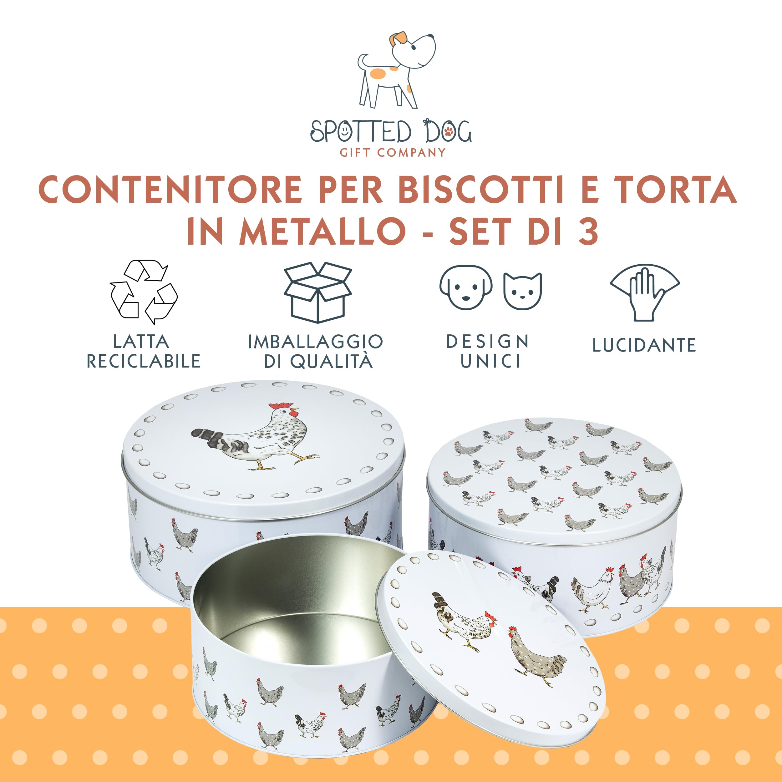 SPOTTED DOG GIFT COMPANY Set di 3 Scatole di Latta, Contenitori Impilabili per Biscotti in Metallo, Barattoli di Latta Rotondi Ermetici per Conservare Torte e Alimenti, Piccoli Medi Grandi - Galline