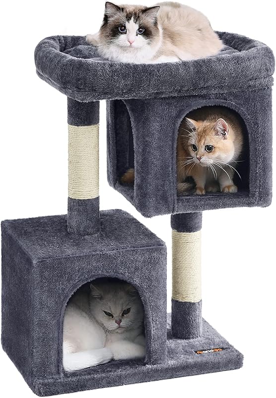Árvore de Atividades para Gatos FEANDREA com Nichos, Postes para Arranhar e Almofada Removível, Cinza-Fumaça