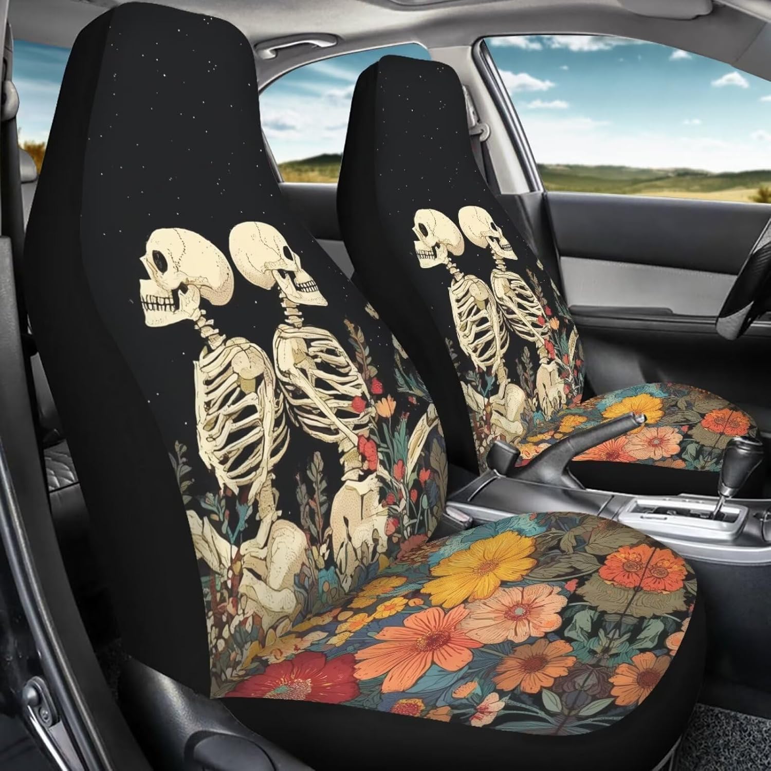 2 Pcs Car Seat Cover Front Seats Only, Skeleton Floral Printed Soft Breathable Cars Front Seat Covers, Universal Fits Cars Seats Protector, Auto Interior Accessories