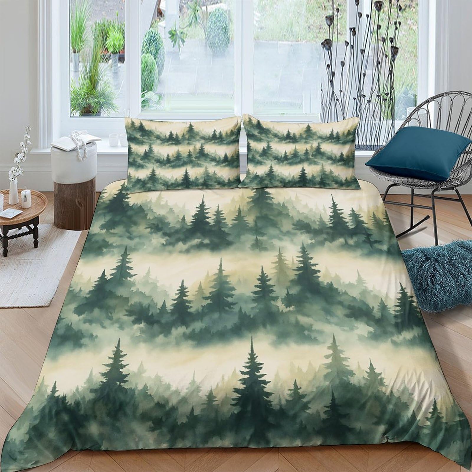 Ctjqhvkz Style-10 3D Printed Pine Forest Fitted Sheet Microfiber Green Foggy Woods Mattress Cover For Bedroom Guest Room Decor Single（135X200cm）