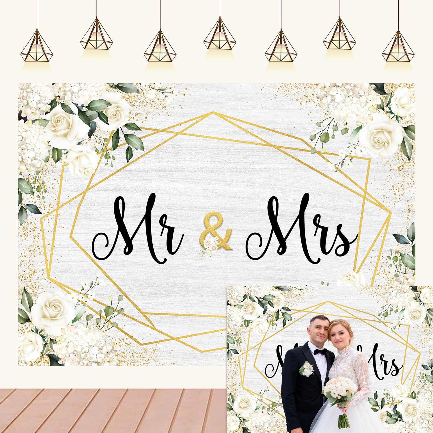 Retyshia Mr and Mrs Backdrop White Rose Flowers Wooden Wall Photo Background Wedding Anniversary Photography Backdrop Bridal to Be Engagement Backdrop Decoration Banner Photo Studio Props 8x6Ft