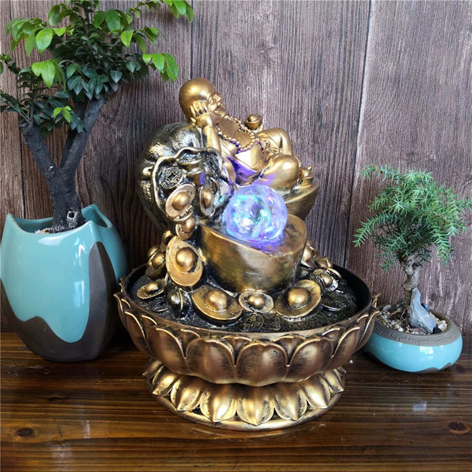 IndoorRelaxation fontanna wodospad ręcznie robione prezenty szczęśliwe feng shui dekoracje złote maitreya statuetki buddy do wnętrz biurko fontanny wodne z świecącymi kulkami akcesoria domowe fontanny
