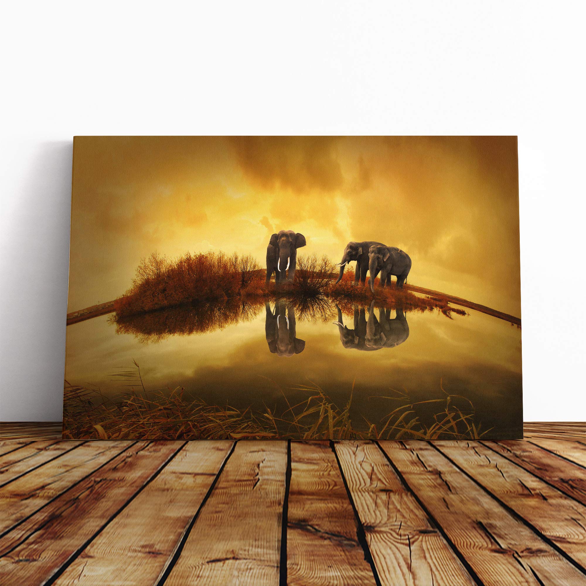 Elephants Sunset Canvas Print | Gallery Wrapped 30mm Frame Wall Art | 30x20 inches | Ready to Hang | Modern Landscape Picture | Living Room Bedroom Lounge Office