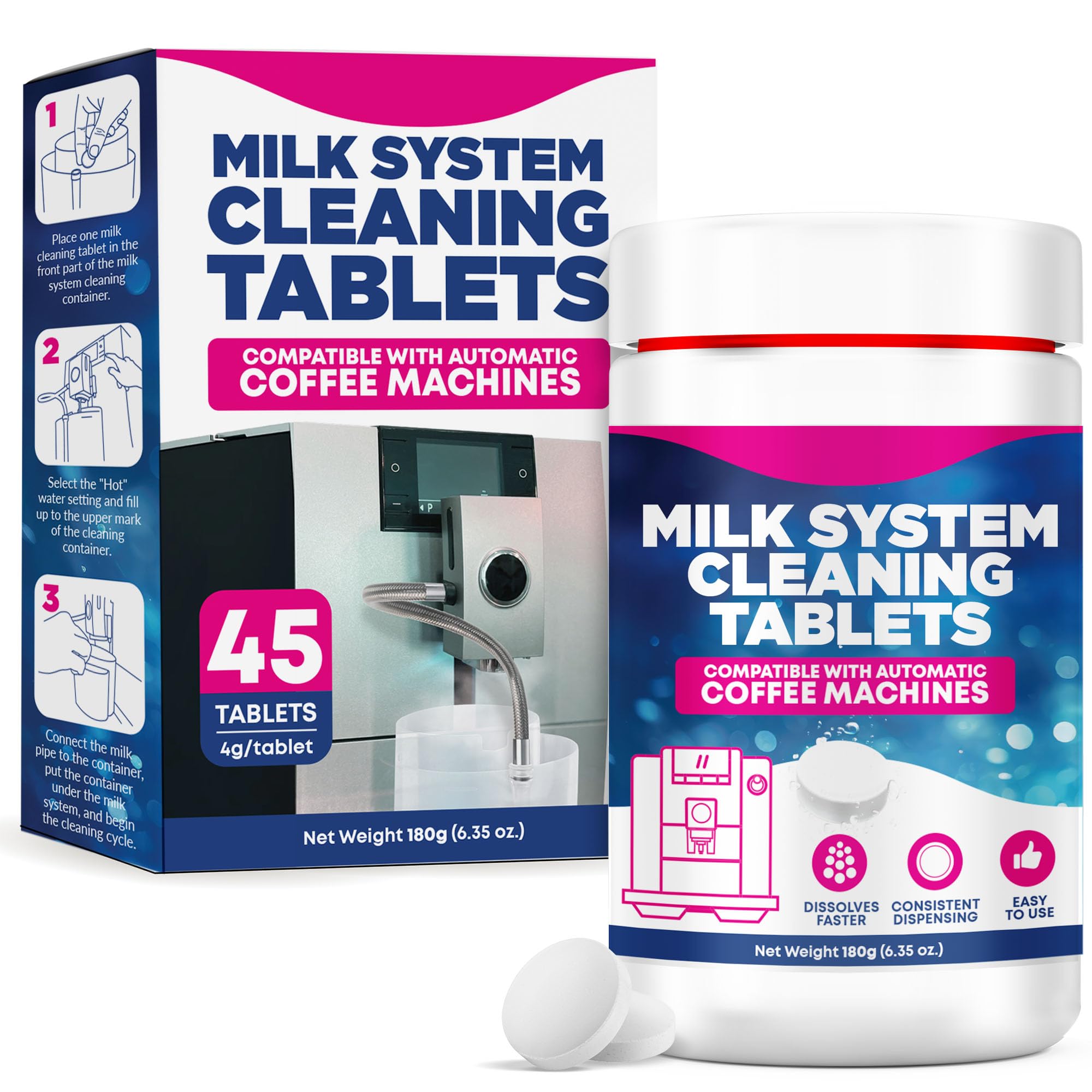 Pastiglie per la pulizia del sistema del latte per macchine da caffè automatiche, compatibili con macchine da caffè automatiche Jura, include pastiglie di pulizia, decalcificazione e detergente per