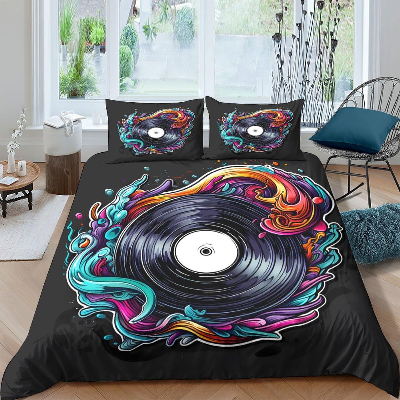 Ctjqhvkz Style-7 3D Printed Vinyl Record Fitted Sheet Microfiber Colorful Music Art Bed Cover For Bedroom Dorm Mattress Protection Decor Single（135X200cm）
