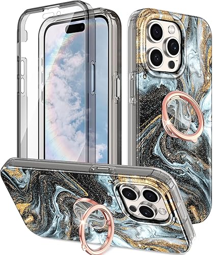 Btscase Funda para iPhone 15 Pro Max de 6.7 pulgadas, protector de pantalla integrado con soporte de anillo de 360, cuerpo completo de doble capa,