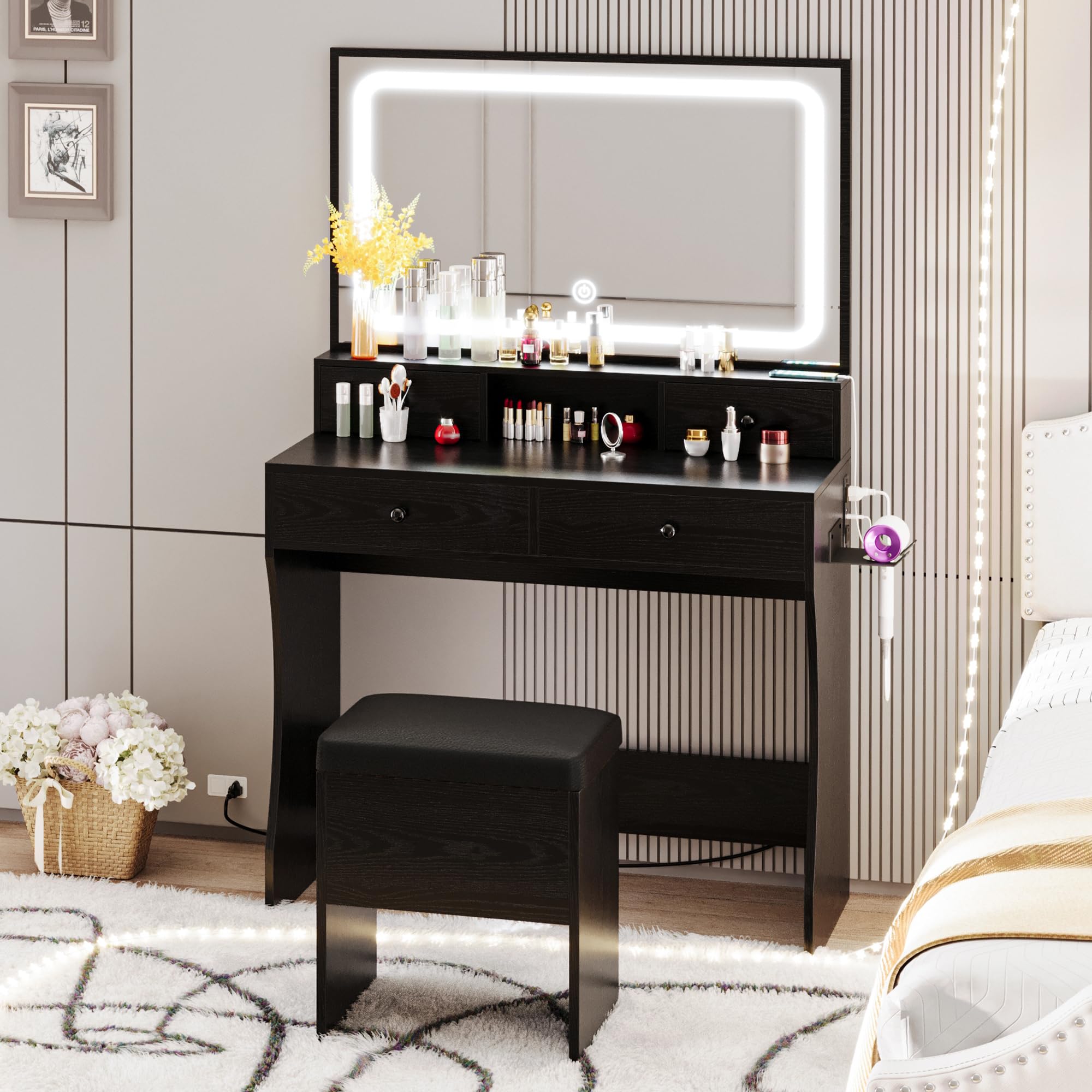 Moderna Toeletta in Legno con Specchio Illuminato e Cassetto Portaoggetti per Ca
