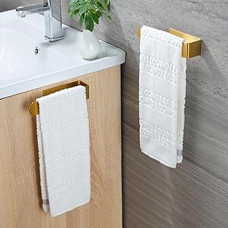 Taozun Adhesive Towel Rack/Hand Towel Holder, Gold Towel Holder for Bathroom Towel Bar Stick on Wall, Stainless Steel Brushed Towel Ring, 2 Packs