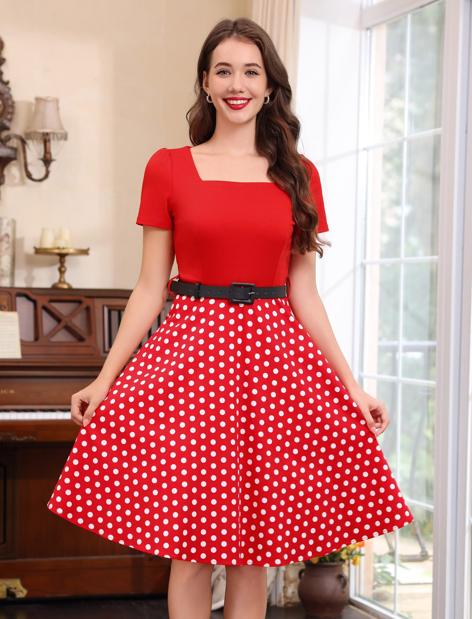 Abito Rockabilly da donna, vintage, a pois, con cintura