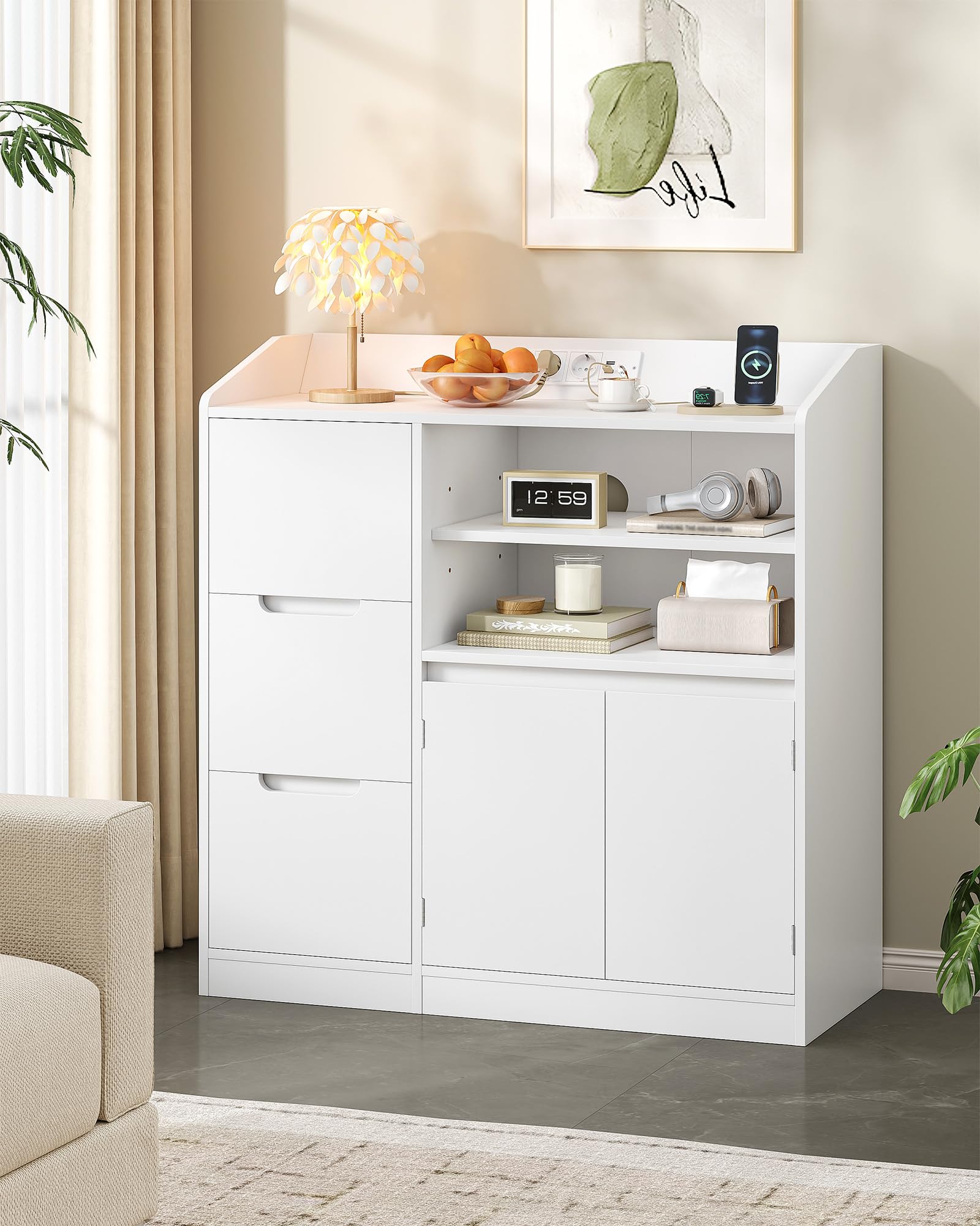 Hzuaneri Meuble Cuisine, Buffet avec Plan, Travail Étagère pour Micro-Ondes, Prise, 3 Tiroirs et 2 Portes, Étagère Réglable, Moderne, Cuisine, Blanc, 38 X 90 X 95 cm, SC31003XEU