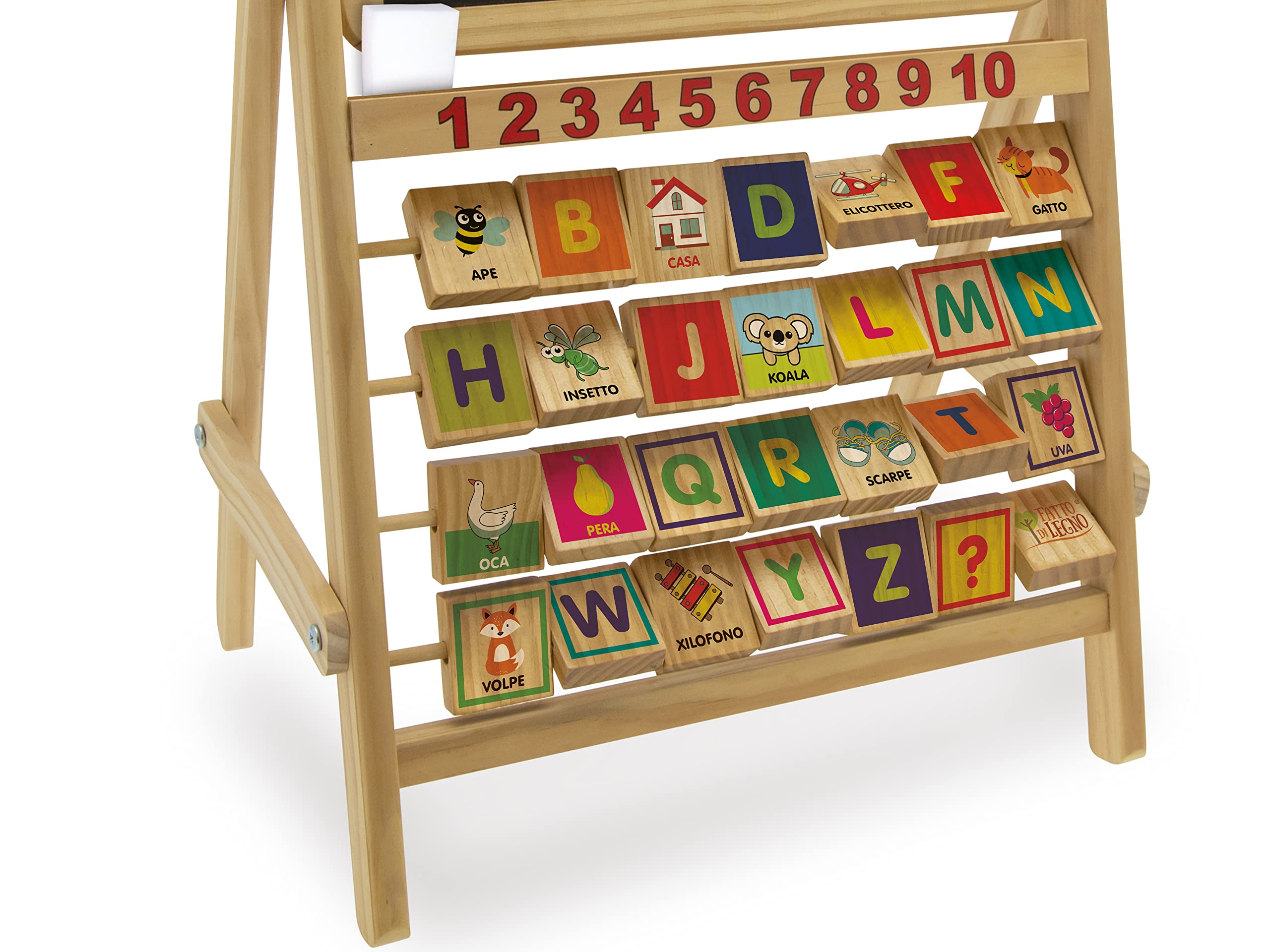 Teorema 40513 - Lavagna per Bambini con Cavalletto Multiattività Double Face in Legno con Alfabetiere, Numeri dall'1 al 10 e Accessori