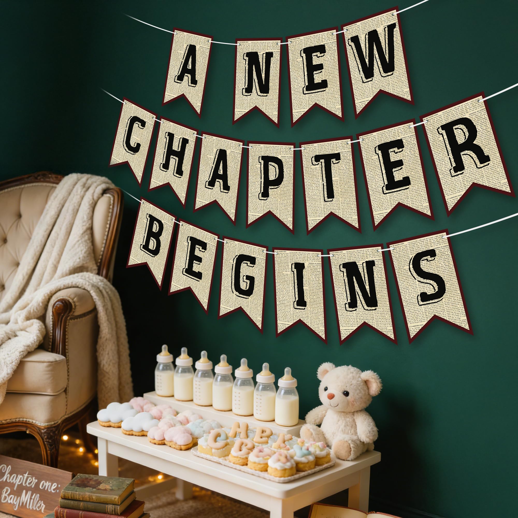Partybanner "A New Chapter Begins", Vintage-Buch, Kapitel 1, Party-Girlanden für Geburtstag, Babyparty, Buchclub, 3 Stück