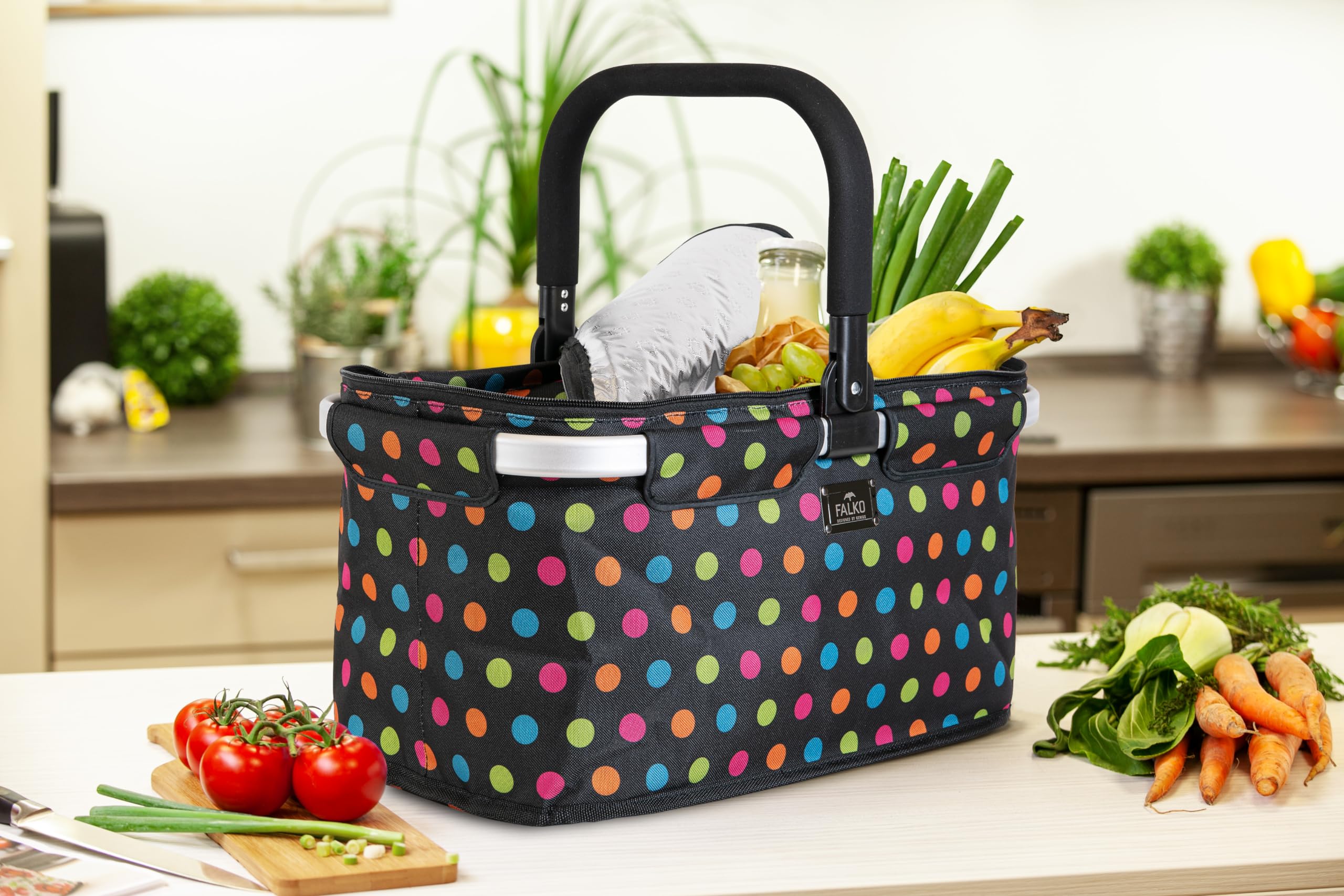Genius Panier à provisions isotherme Falko noir à pois multicolores | Grand sac de courses pliable avec couvercle | Panier de transport avec fonction de refroidissement pour les déplacements - Noir et