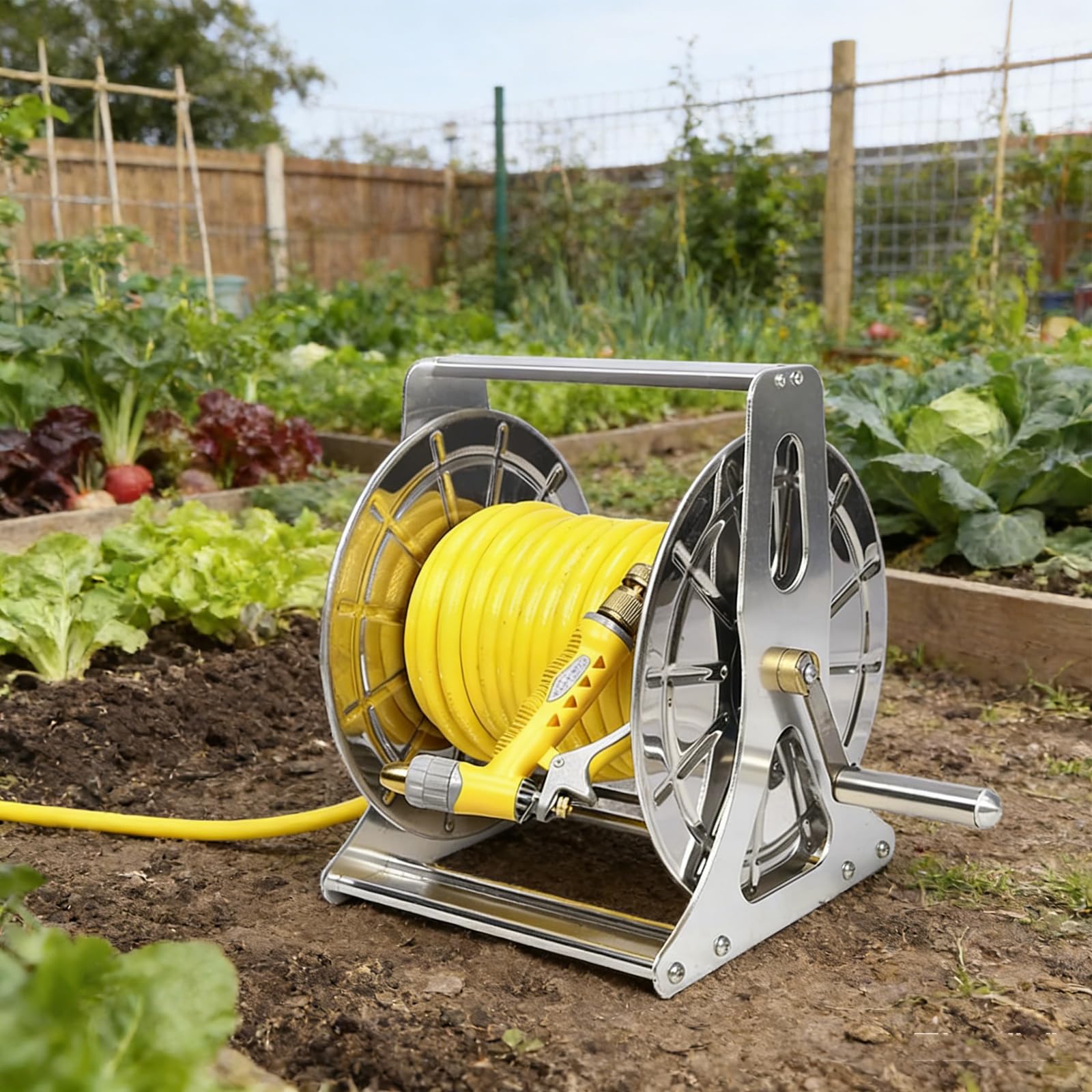 Industrielle Wandmontierte Schlauchtrommel mit Kurbel, Outdoor-Wasserschlauchhalter und Organizer für Garten und Hof