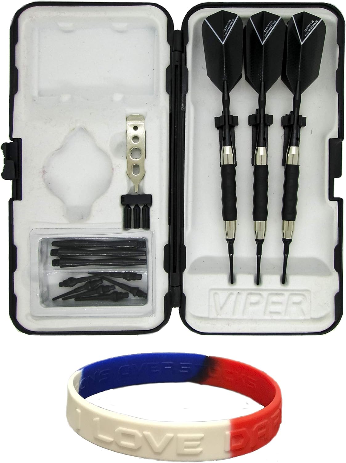 sure grip Viper Black Soft Tip Darts with Dart Case & Accessories Choice of Flights 16 or 18 Grams Plus I Love Darts Bracelet (Harrows Optix Slim, 16g)