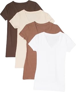 4 Pack Zenana Women's Basic V-Neck T-Shirts Large Brown, Mocha, Taupe, White