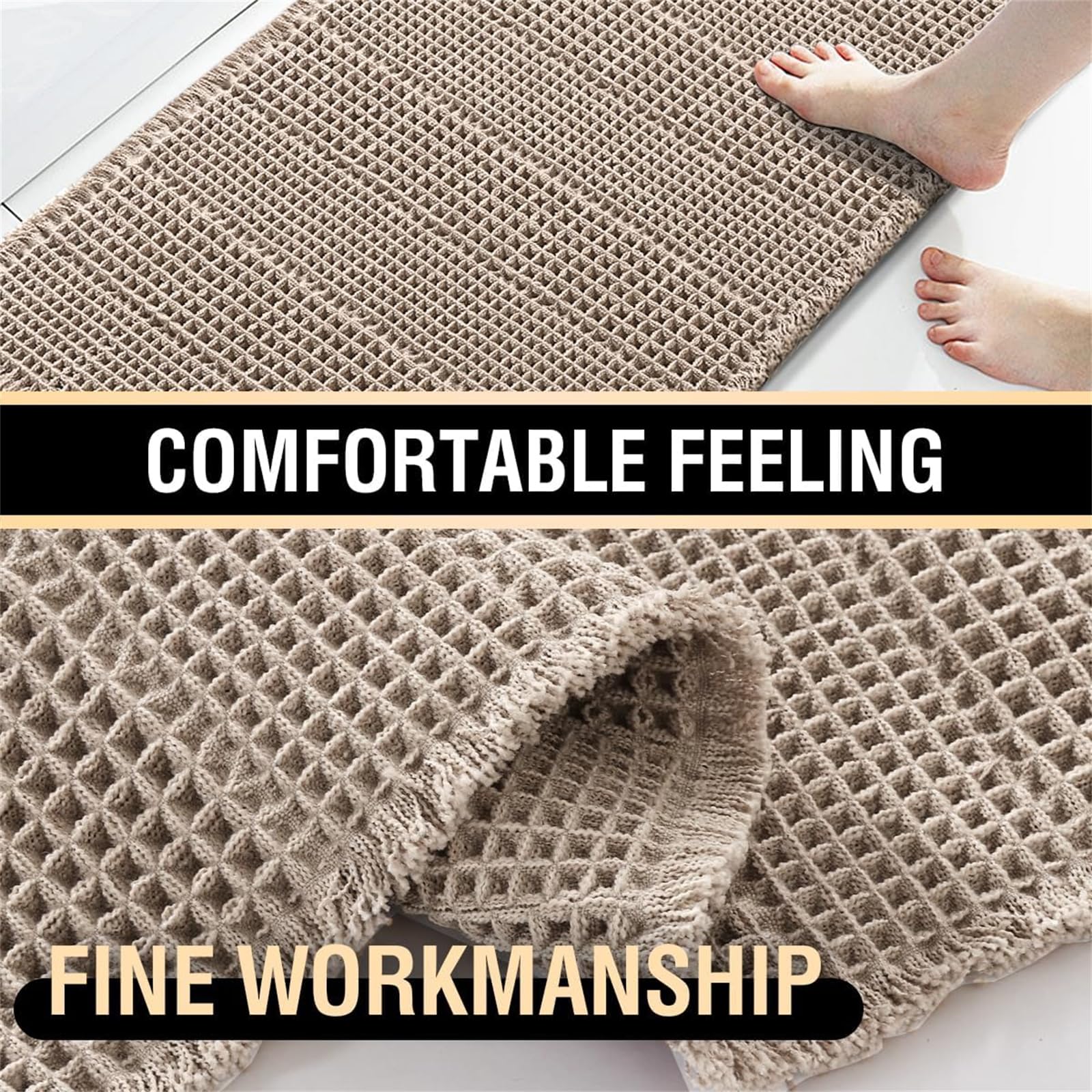 LINGKY Badteppich, Waffle Badematte - Badezimmerteppich mit rutschhemmender Rückseite - ultraweich, extrem saugfähig, flusenarm - Badvorleger rutschfest waschbar (60x180 cm,Khaki)