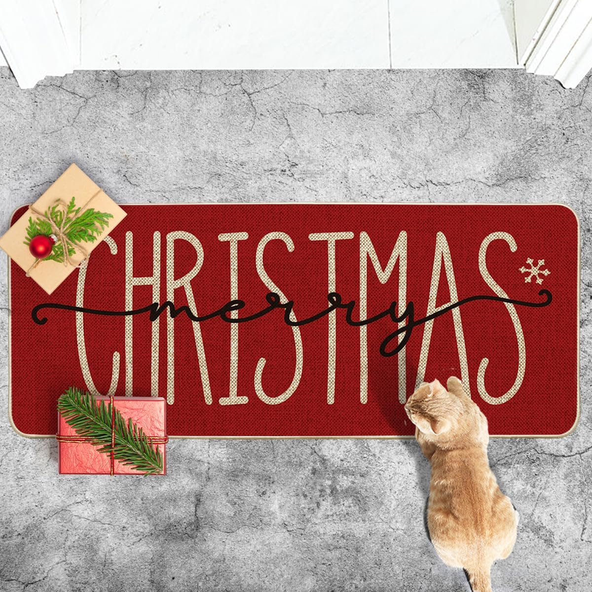 Artoid Mode Red Merry Christmas Snowflake Welcome Decorative Doormat, Seasonal Winter Low-Profile Floor Rug Switch Mat for Outdoor 24x59 Inch