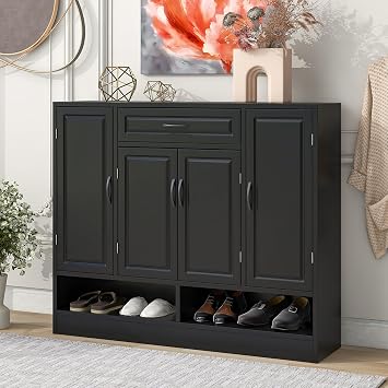 Modern Storage Shoe Cabinet with Adjustable Shelves, Shoe Storage Organizer with Sturdy Top Surface, Space Saving Design Side Board Cabinet for Living Room Kitchen Hallway Black