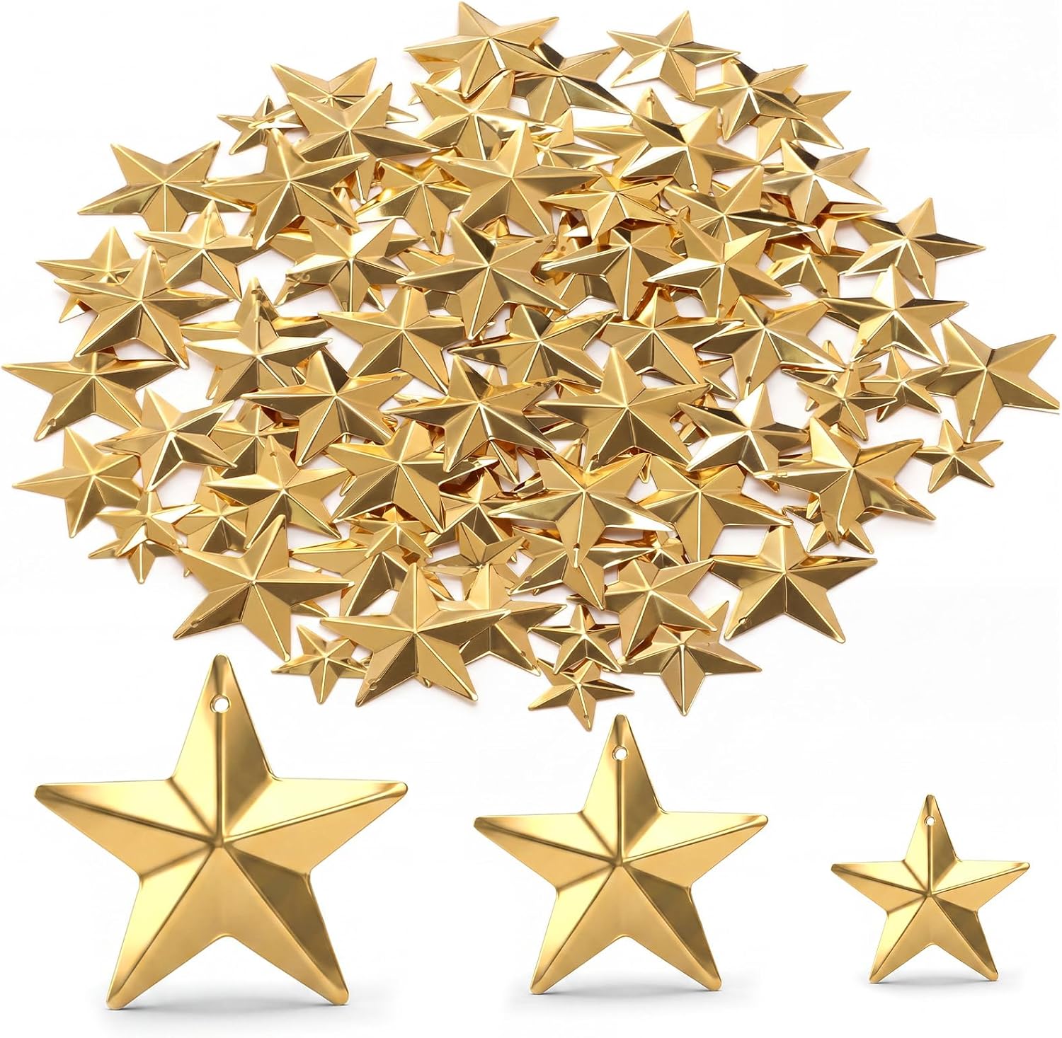 Hotop 120 Pcs Metal Barn Stars 1'' 1.5'' and 2'' Patriotic Metal Stars Ornaments with Holes for DIY Crafts Indoor Outdoor American Vintage Rustic Wall Art Memorial Day Home Decor(Gold)