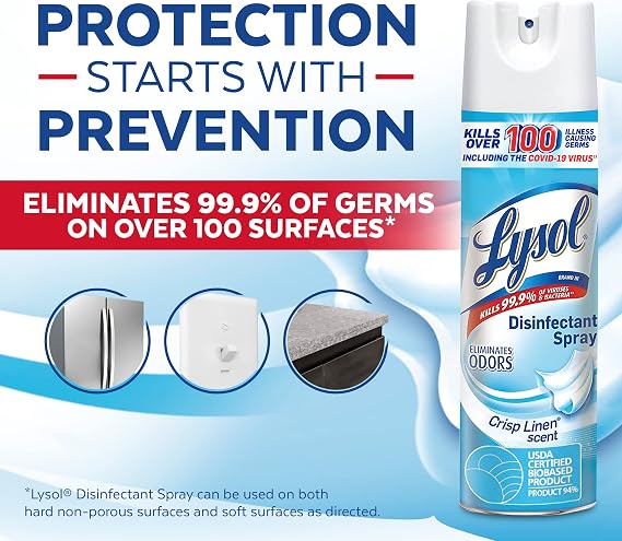 Lysol Disinfectant Spray, Sanitizing Spray, for Disinfecting and Deodorizing, Crisp Linen, 19 Fl. Oz (Pack of 4, 8 Count Total)