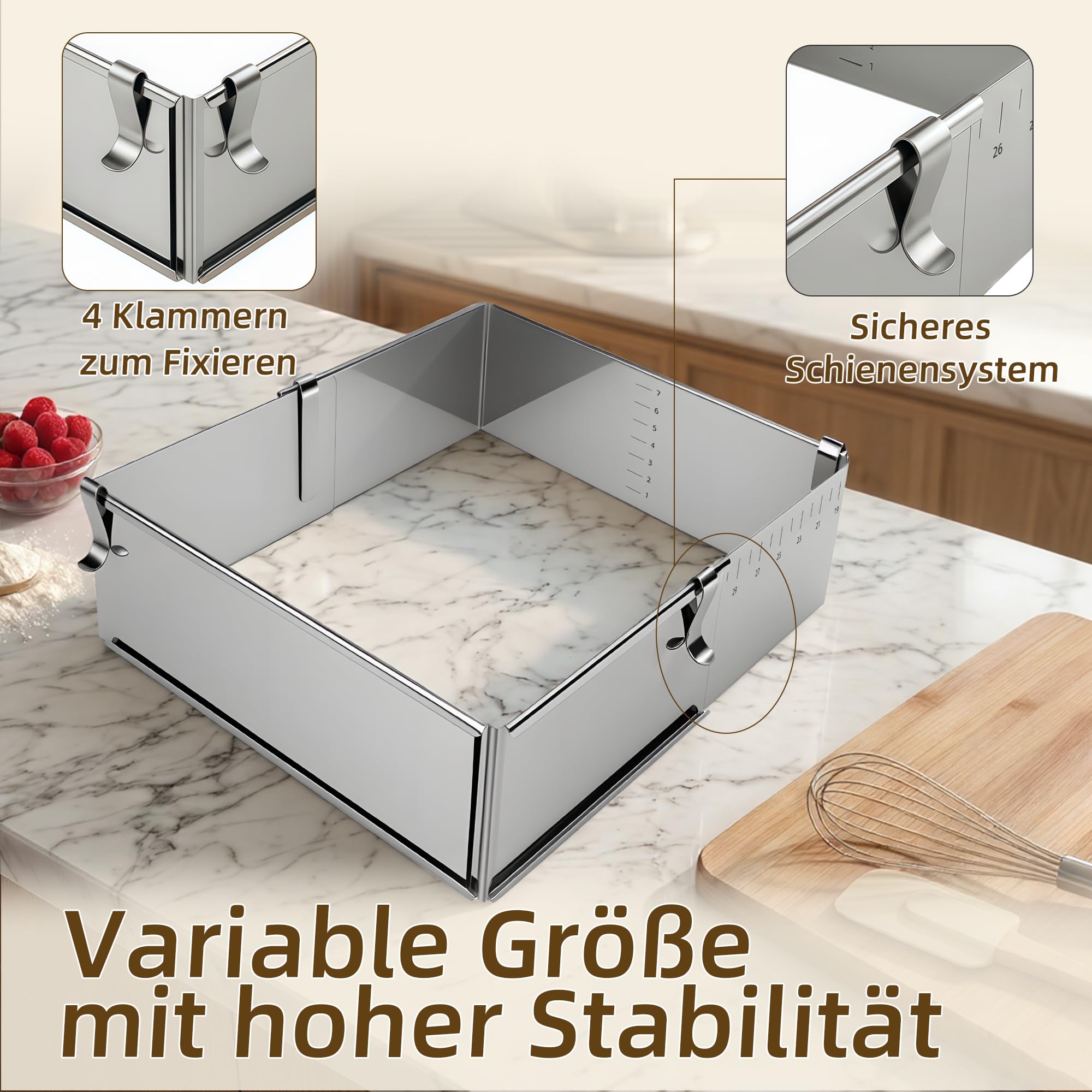 ICARE Backrahmen rechteckig verstellbar 8 cm hohe - Edelstahl Backform | Kuchenform eckig mit 4 Klammer für Schichttorten, Torten & Desserts – Zerlegbarer Tortenring eckig zum Backen