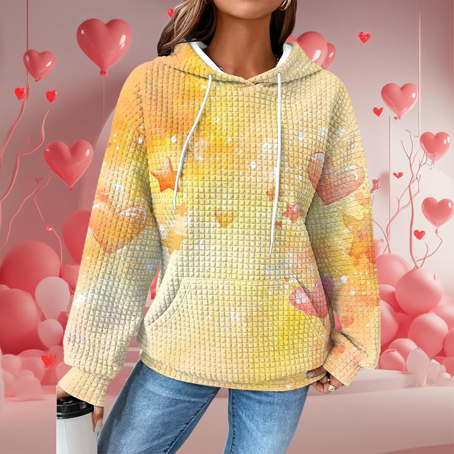 Women's Valentines Day Hoodies Pullover Waffle Crewneck Cute Graphic Hooded 2025 Spring Fashion Sweatshirts - Image 3