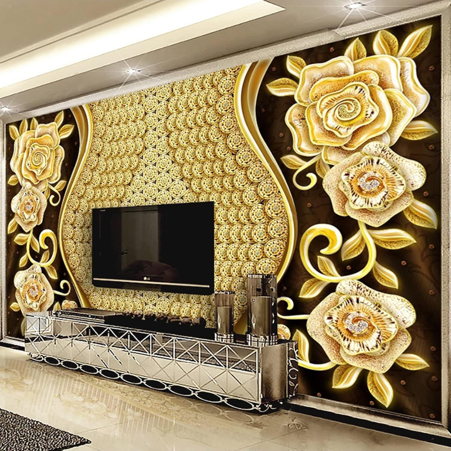 Luxury Golden Flower Photo Wallpaper Mural, Modern Flower Plant Leaves Mural Wallpaper, Wall Decor for Living Room Bedroom Study TV Background Mural - 196.85"x 124.8"(W x H)