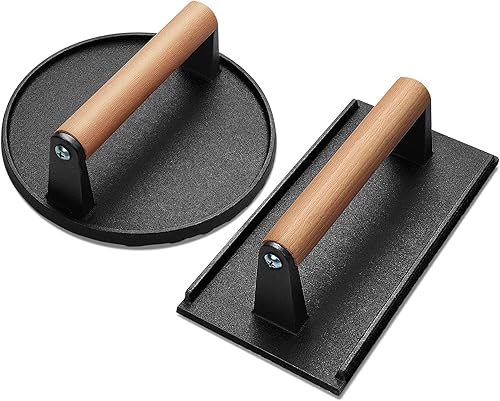 AIKKIL Prensa de hamburguesas, 7.28 pulgadas redondas y 8.66 x 4.72 pulgadas, rectangular, de hierro fundido, carne con mango de madera para