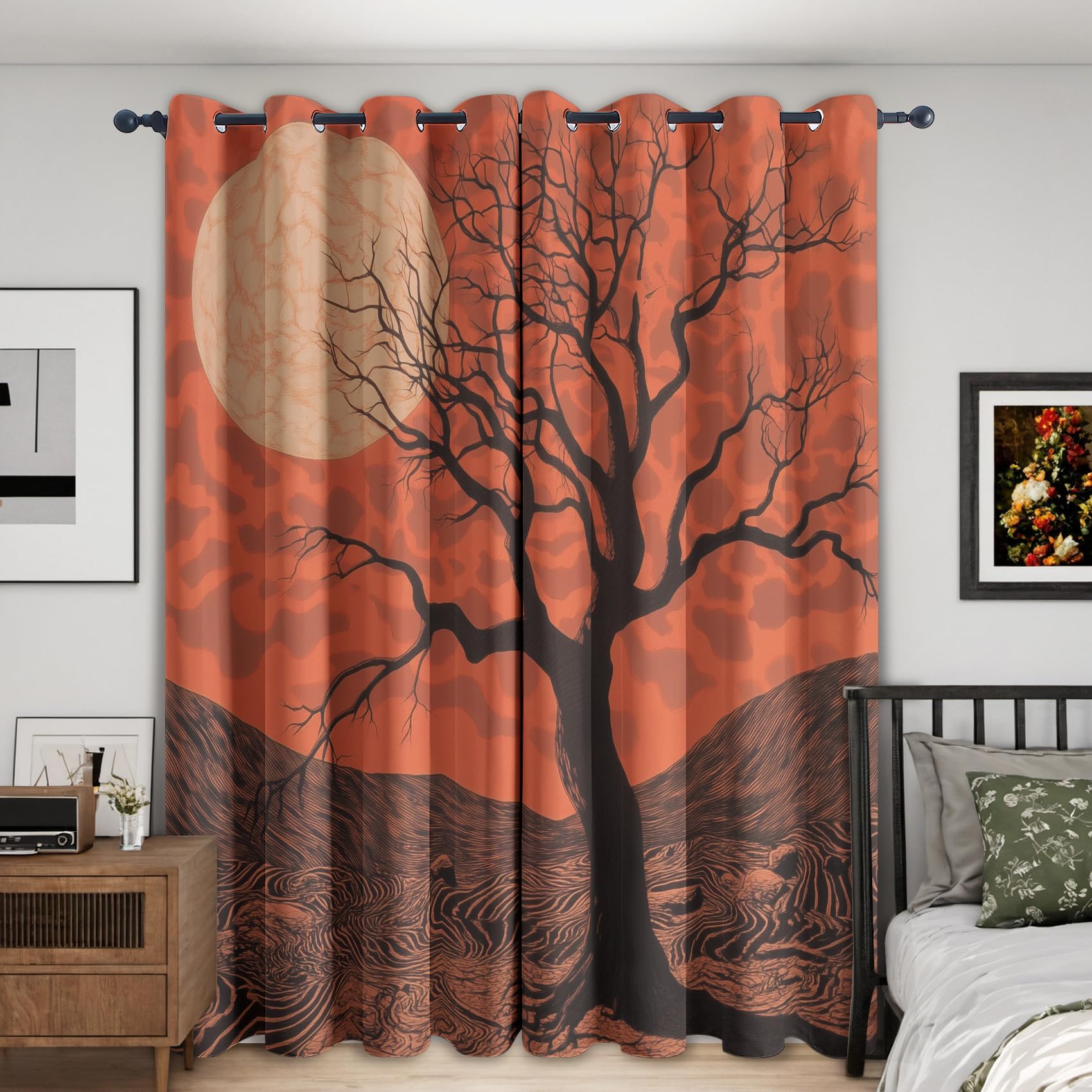 NIYAKA Tree and Moon Curtain Blackout, Warm Orange Nature Curtains 46x90, Living Room & Bedroom Decor Drapes, Thermal Insulated Eyelet Tree Window Treatments 90 Drop, 2 Panels