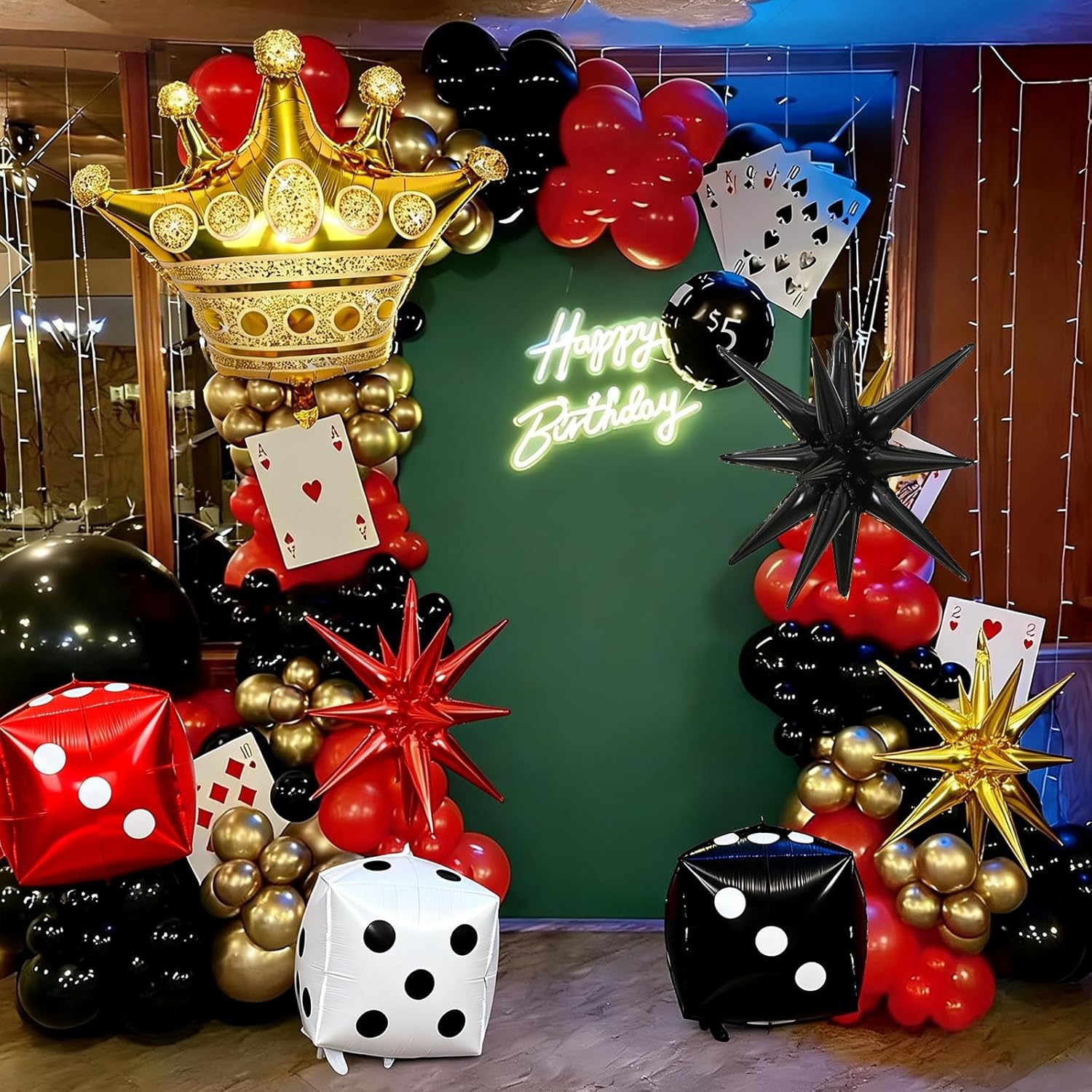 Casino Theme Party Decorations Set, 7 Pcs Large Dice and Crown Star Foil Balloons, Red Black Gold Dice Crown Spike Cone Balloons for Las Vegas Poker Game Night Magic Show Birthday Prom Party Supplies