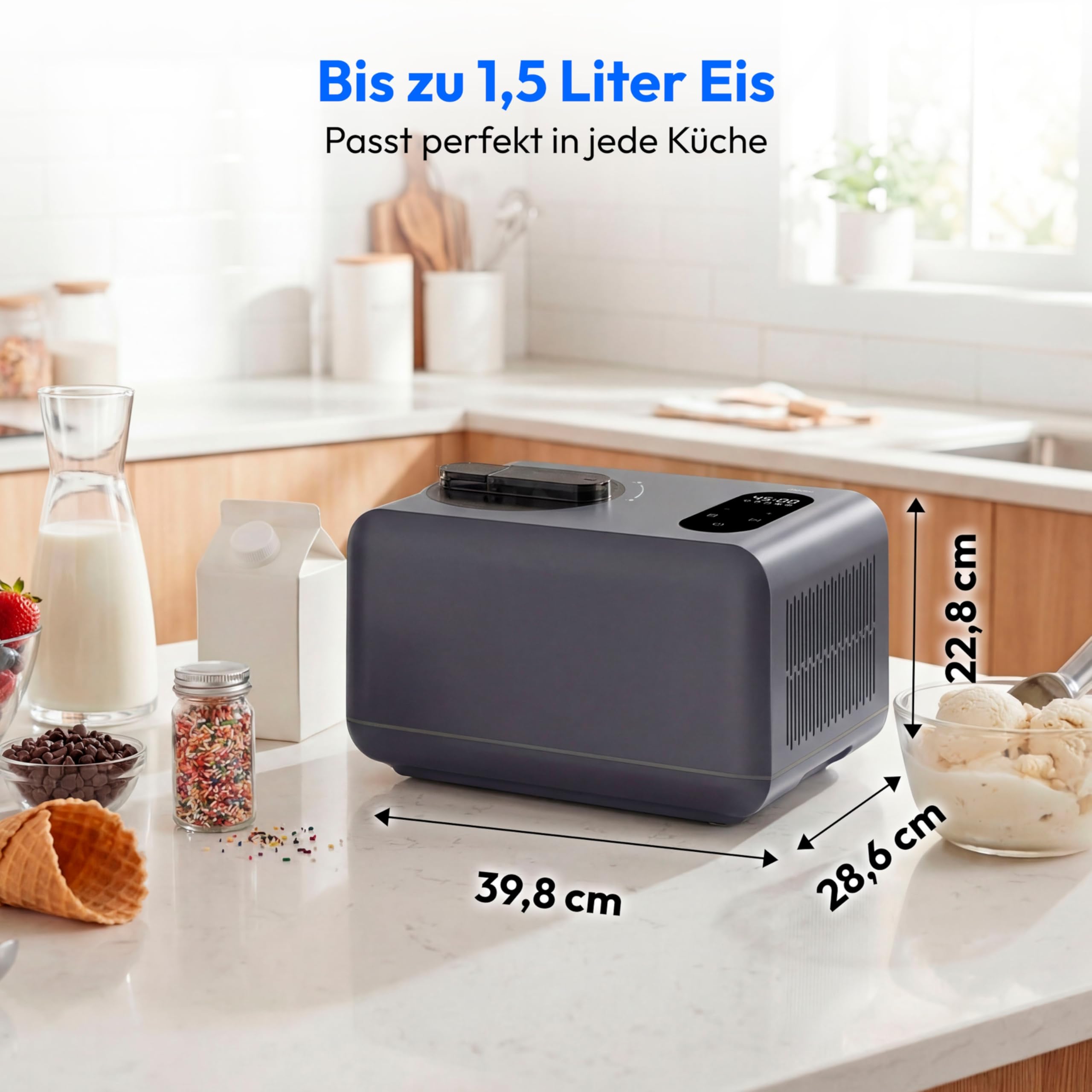 MEDION Eismaschine mit Kompressor 1,5 Liter, Eiscreme Joghurt & Slush ohne Vorkühlen, Touch-Display, MD 100087