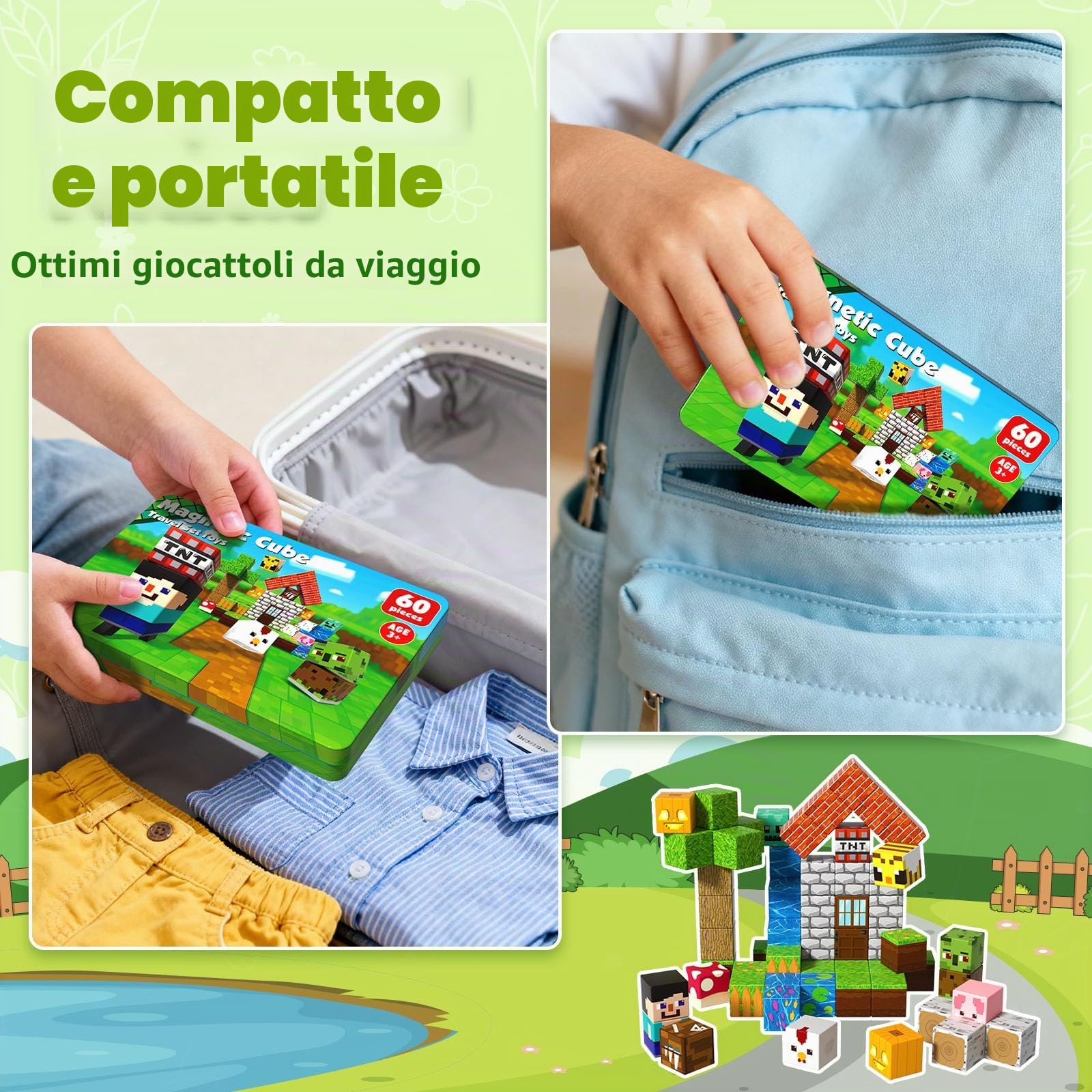 Costruzioni Magnetiche per Bambini da Viaggio 60 Pezzi con Scatola Metallica Portatile Cubi Magnetici Adatti per Giocare in Silenzio in Aereo e in Macchina Giocattolo STEM Regalo Montessori da 3+ Anni