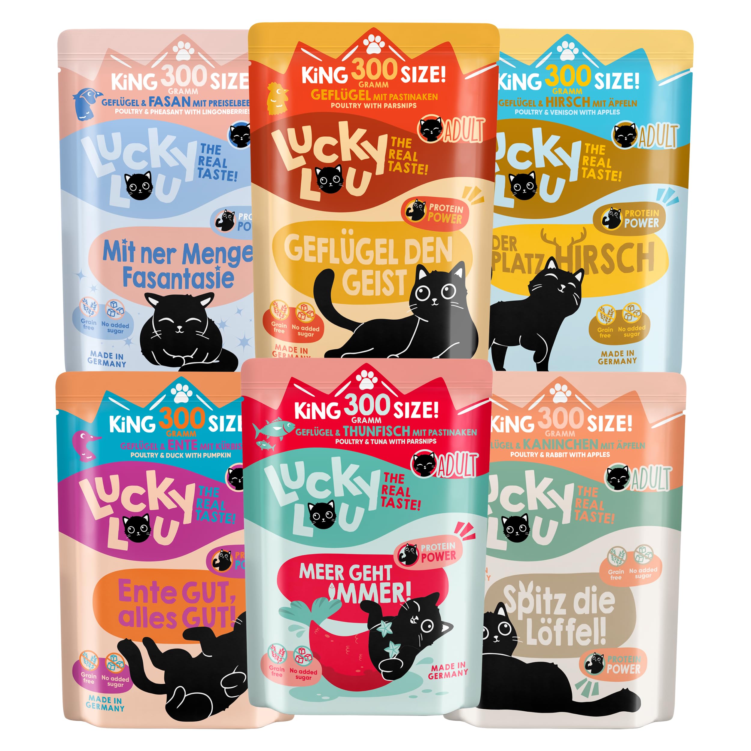 Lucky Lou Adult Mix-Paket Katzenfutter nass - 36 x 300g - hochwertiges Nassfutter für Katzen mit viel Protein, getreidefrei & ohne Zucker