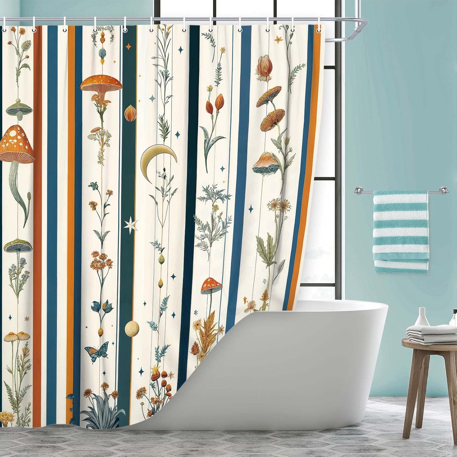 DYNH Boho Botanical Shower Curtain,Wildflower Herbs Plants Mushrooms Bathtub Curtain,Retro Country Nature Element Stripes Bathroom Decor with Hooks,70X78 in