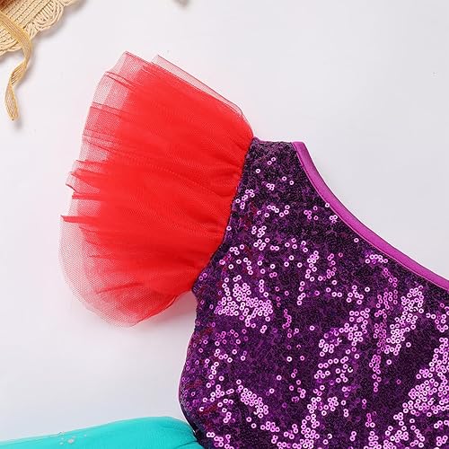 Miniatura 5 de AFAVOM Disfraz de Bam Bam para niñas, disfraz de princesa Sirenita para Halloween, cosplay, un hombro, leotardo de ballet, vestido de baile