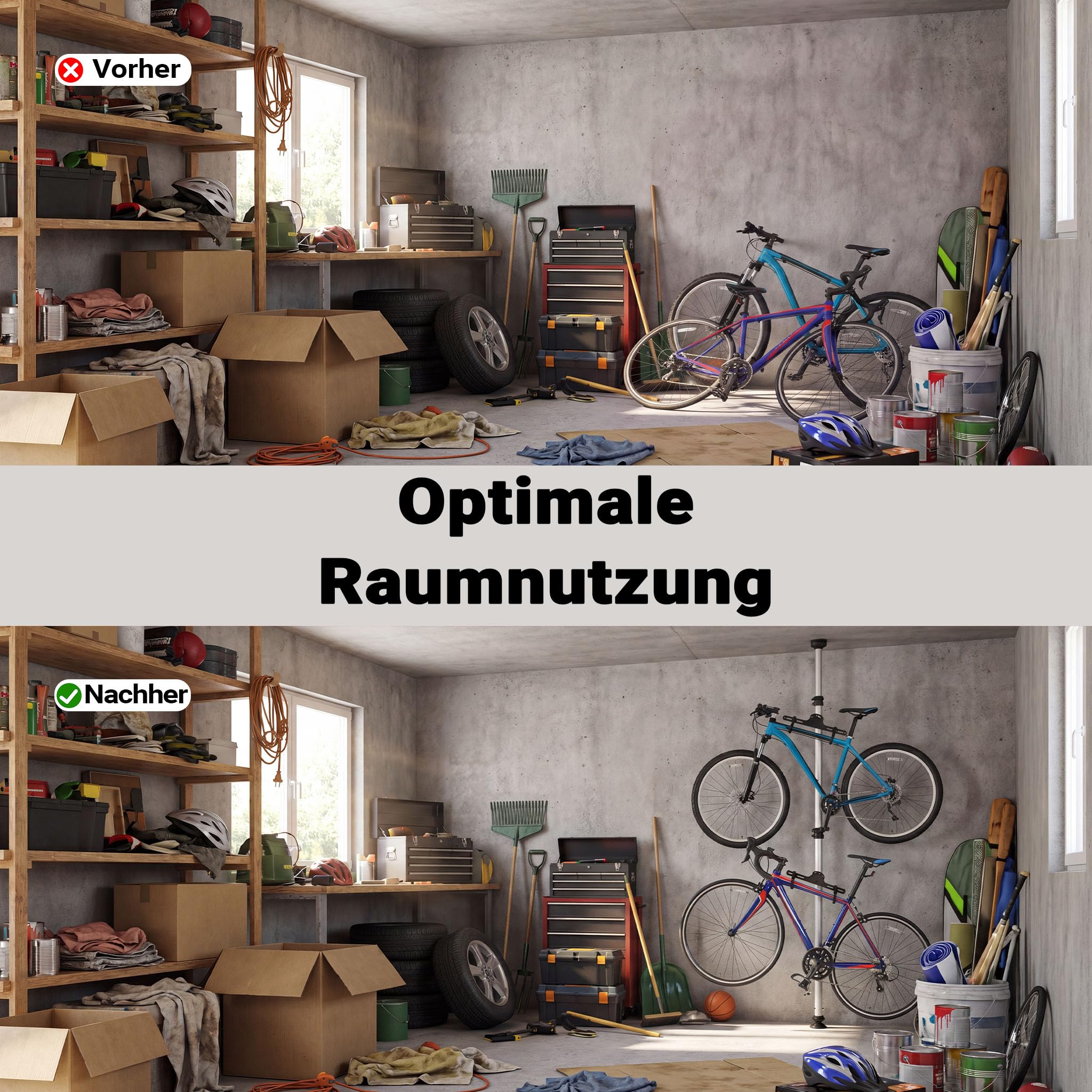 Wiltec Teleskop Fahrradhalter für 2 Räder je 20kg 160-340cm, Fahrradständer platzsparend, Hängesystem verstellbar mit 360° Haltearmen