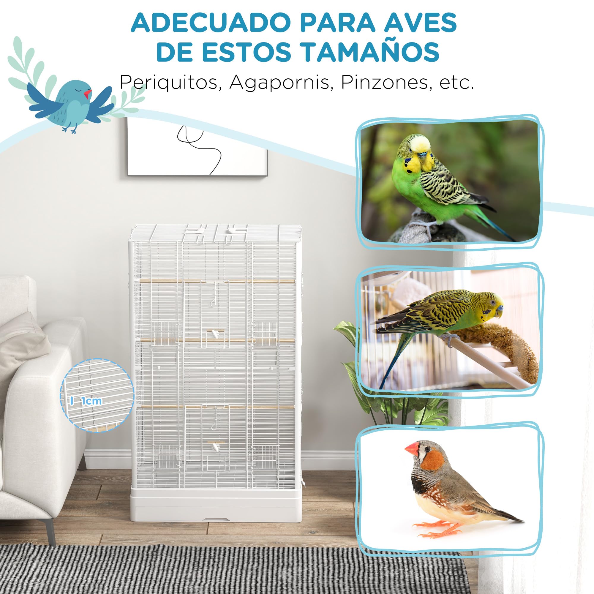 PawHut Jaula para Pájaros 61x36,5x98 cm Pajarera con Puertas Perchas Bandeja Extraíble Cajas de Comidas y Asas Jaula para Ninfas Periquitos Pinzones Canarios Blanco