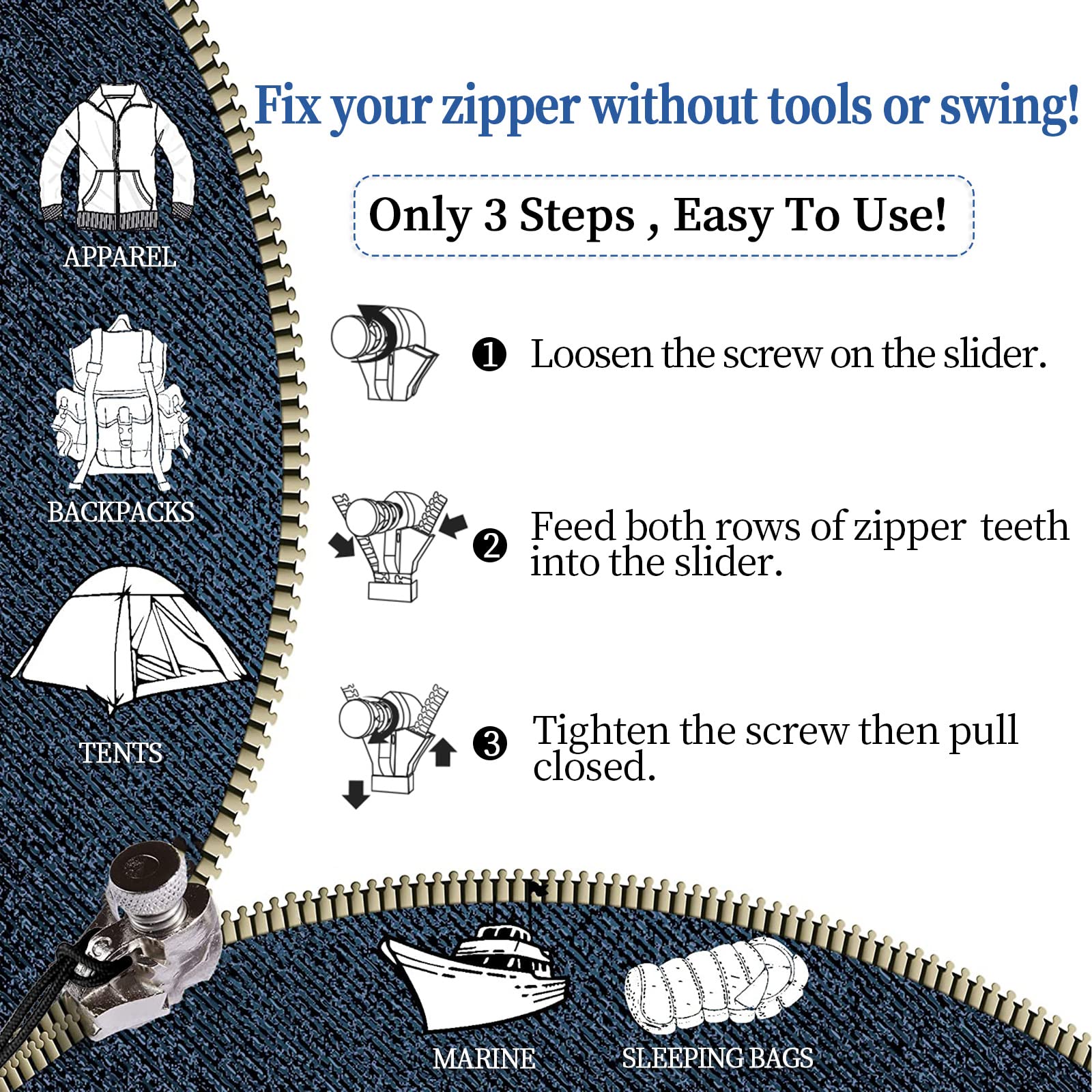 munkees® Set di riparazione per cerniera lampo - Universale e facilissimo da usare - Set di riparazione per cerniera lampo - Zip di ricambio per kit di riparazione (1 x M, L Argento)