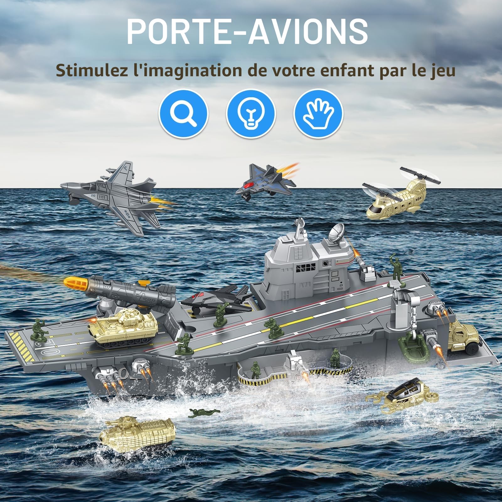 deAO Porte-Avions De Jouet, Navire Militaire avec 10 Soldats, Hélicoptères, Chars, Maquette De Bateau Cuirassé, Kit de Jouets Militaires Cadeau pour Enfants 3-12 Ans