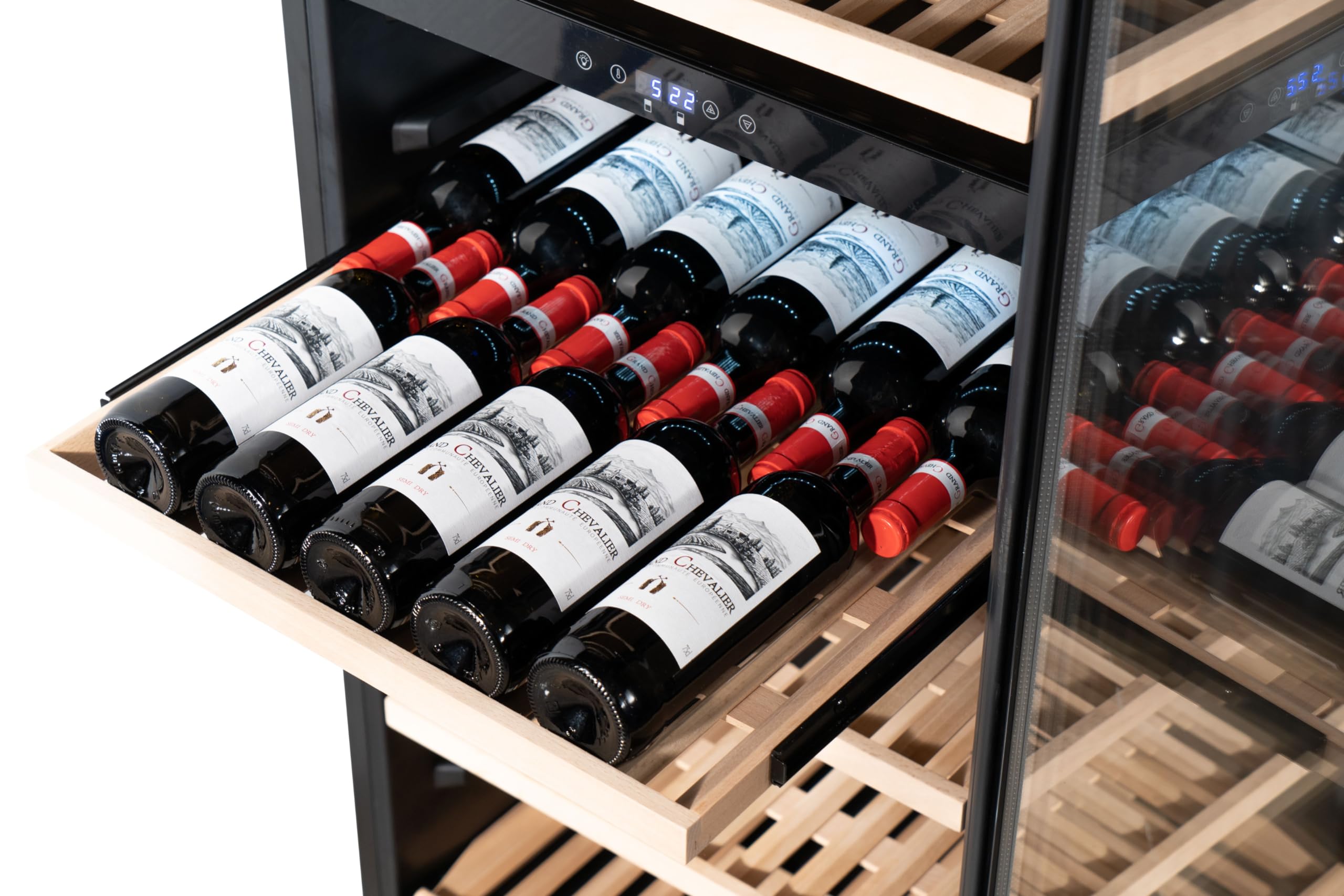 METRO Professional Vinoteca GWC1171D, acero inoxidable/vidrio, 8 estantes de madera, termostato digital, para 171 botellas de vino, con cerradura, negro/plateado