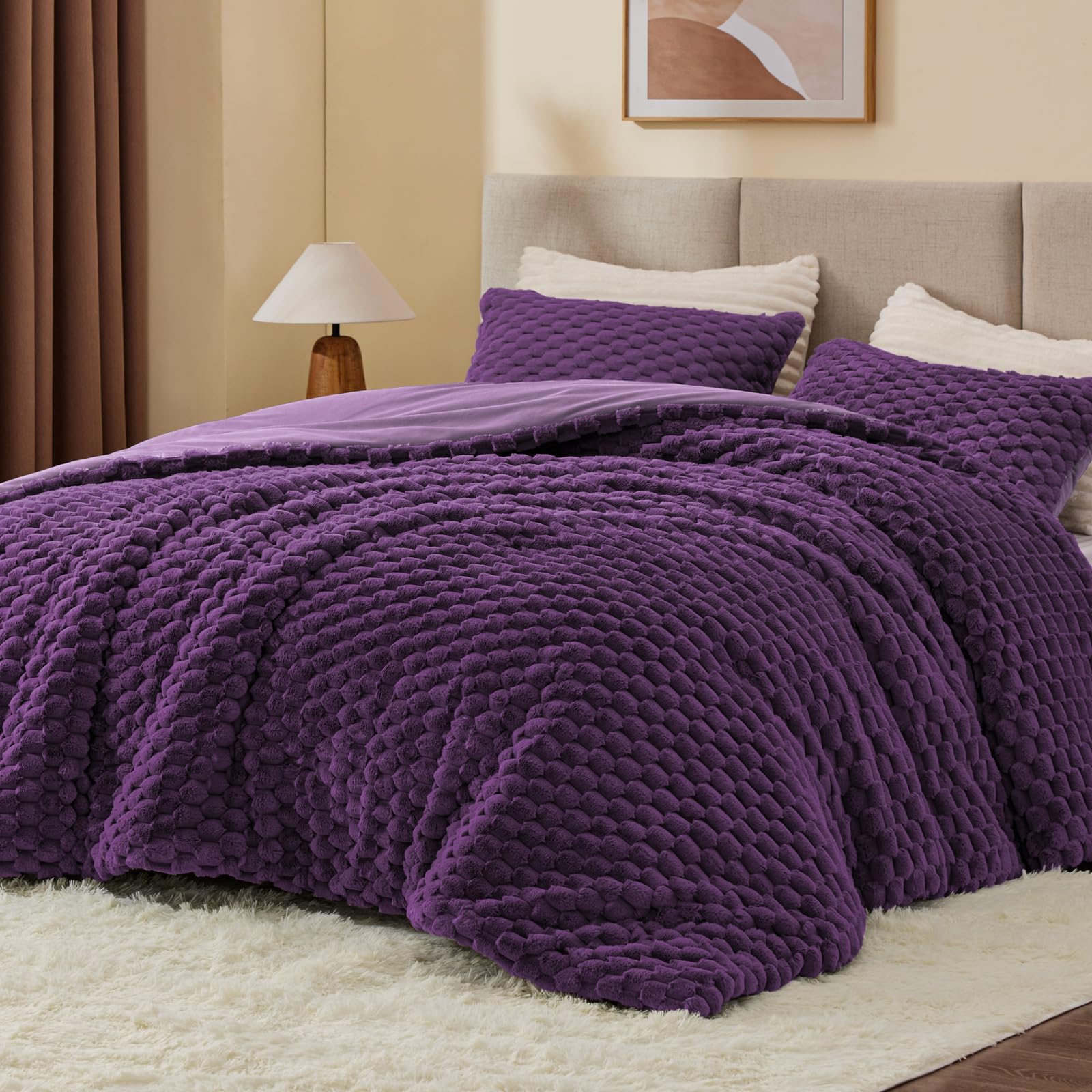 BEDELITE Fluffy Full Size Comforter Set, Purple Fleece Bed Set 3 Pieces | Soft &amp; Warm, Luxury Fuzzy Bedding for All Season, Cozy Room Decor Aesthetic, 1 Marshmallow Comforter with 2 Pillowcases