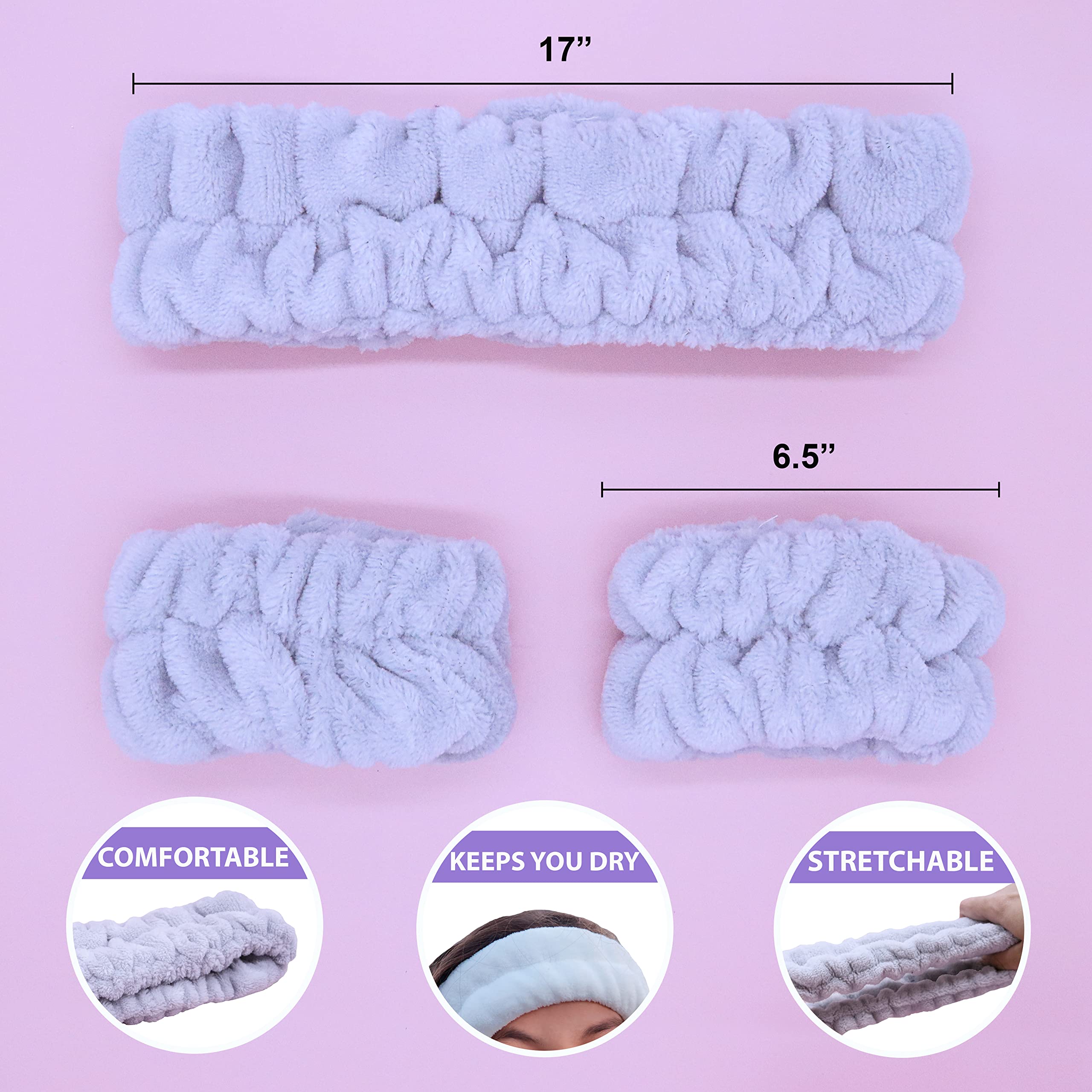 FROG SAC Diadema y pulseras de spa hinchadas para lavar la cara, diademas peludas para el cuidado de la piel para mujeres, accesorios suaves para el cuidado de la piel, accesorios para el cabello para