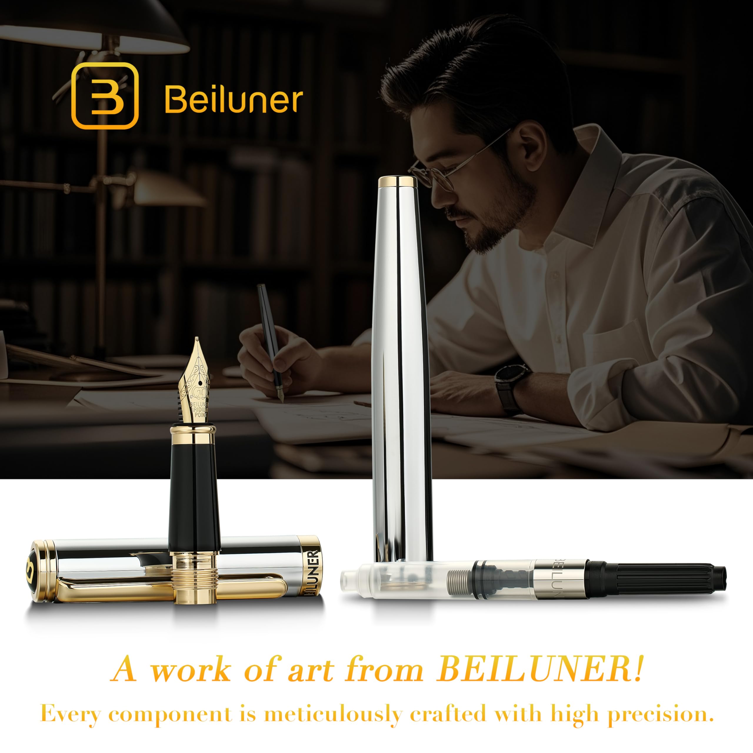 BEILUNER Silver Chrome Fountain Pen Stunning Luxury with 24K Gold Accents Gorgeous 24K Gilded Nib Medium Fancy Pen — view 6