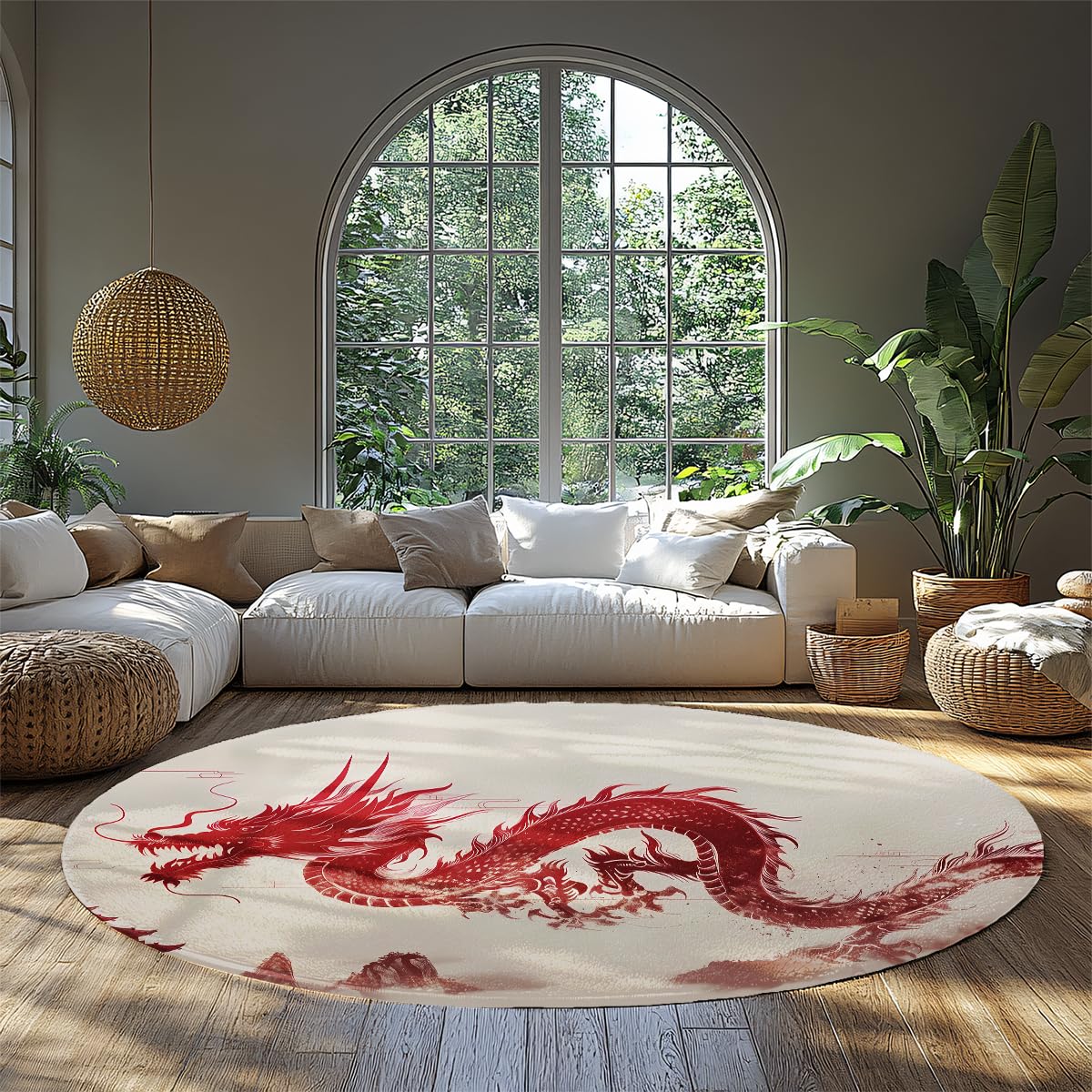 Tapis de dortoir rond beige au tissage d'art oriental haute résistance